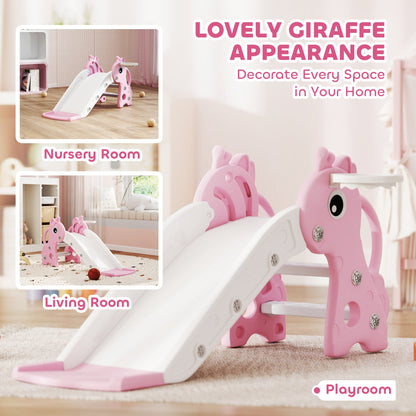 AIYAPLAY 3 in 1 Kids Slide with Climber, Basketball Hoop and Ball, Giraffe Shape Climber Slide for Indoor Kids Age 1-3, Pink 