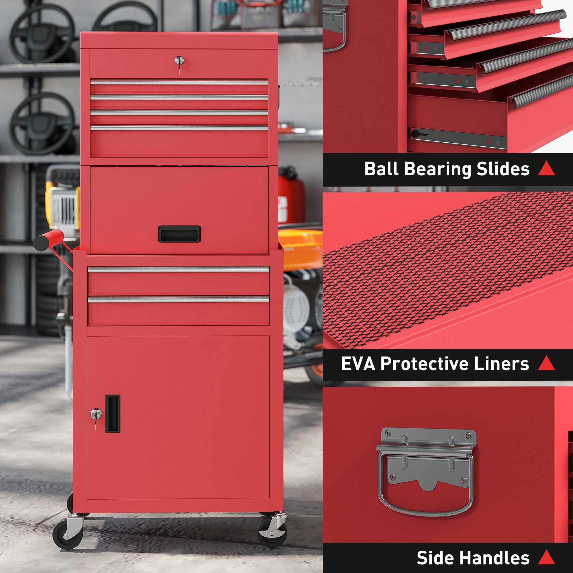 HOMCOM Three-Part Steel Locking Tool Chest - Red 