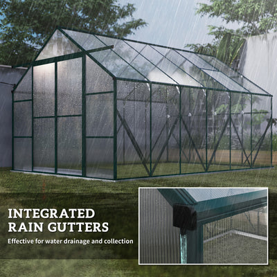 Outsunny 8 x 12ft Aluminium Greenhouse Polycarbonate Walk-in Garden Greenhouse Kit with Adjustable Roof Vent, Double Sliding Door, Rain Gutter and Foundation, Clear 