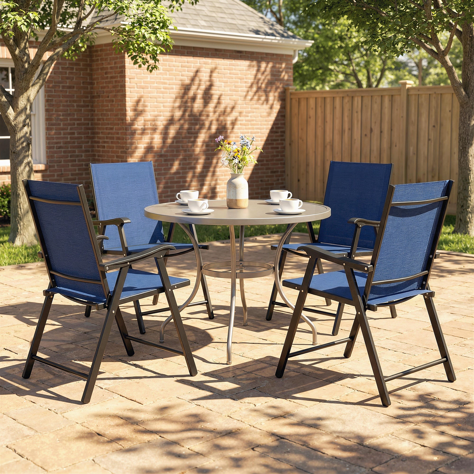 Outsunny Folding Garden Chairs Set of 4, Foldable Garden Dining Chairs with High Back, Armrests, Texteline Seat, Navy Blue 