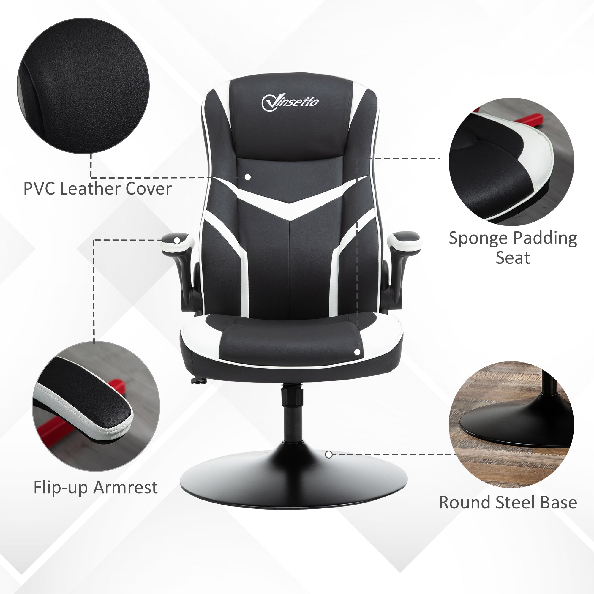 Vinsetto Gaming Chair Ergonomic Computer Chair with Adjustable Height Pedestal Base, Home Office Desk Chair PVC Leather Exclusive Swivel Chair Black 