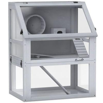 PawHut Wooden Hamster Cage with Detachable 32cm Deep Bottom, Hut, Seesaw, Exercise Wheel, Ramp, 60 x 40 x 75cm, Light Grey 