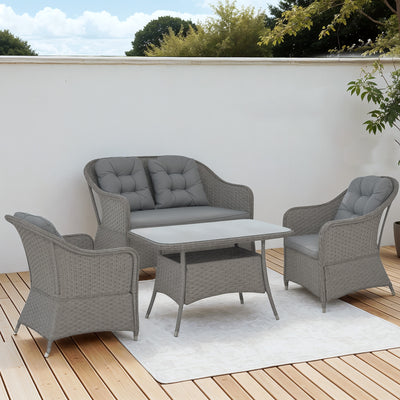 Outsunny Four-Piece Rattan Set, with Glass-Top Table - Light Grey 