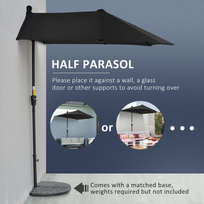 Outsunny 2m Half Parasol Market Umbrella Garden Balcony Parasol with Crank Handle, Base, Double-Sided Canopy, Black 