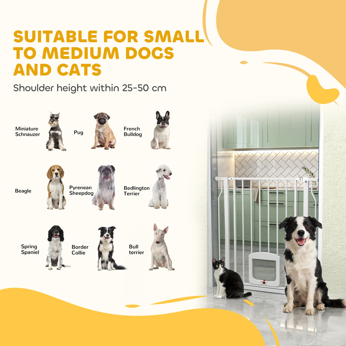 PawHut Adjustable Pet Gate with Cat Door, Pressure Fit Barrier for Doorway and Hallway, 75-85 cm, White