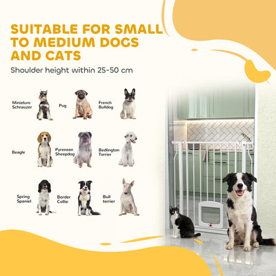 PawHut Adjustable Pet Gate with Cat Door, Pressure Fit Barrier for Doorway and Hallway, 75-85 cm, White