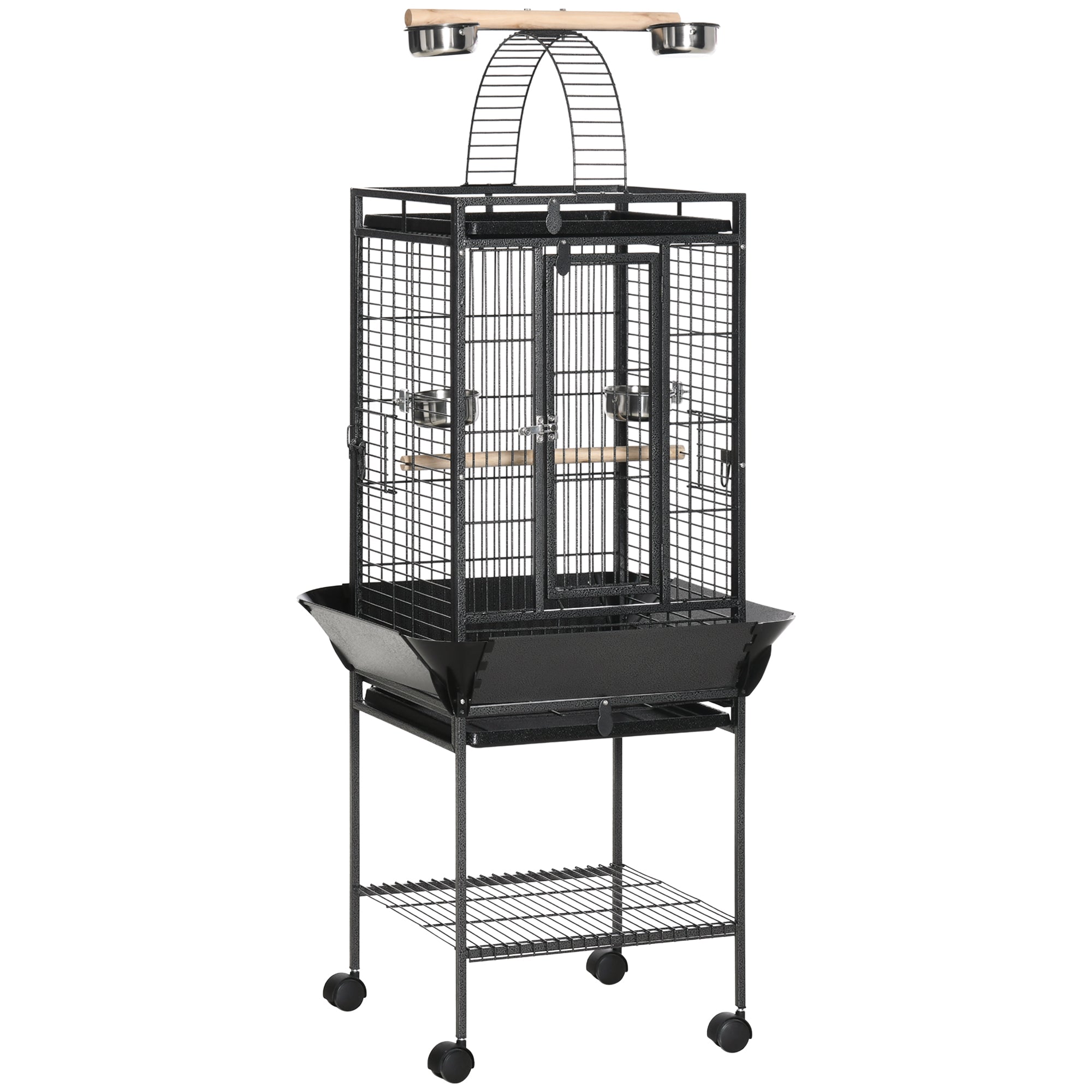 PawHut 156cm Bird Cage,Large Parrot Cage with Open Play Top, Perch, Seed Guard, Wheels, Storage Shelf, Dark Grey 
