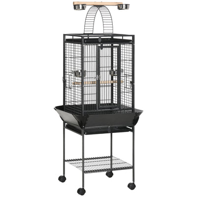PawHut 156cm Bird Cage,Large Parrot Cage with Open Play Top, Perch, Seed Guard, Wheels, Storage Shelf, Dark Grey 