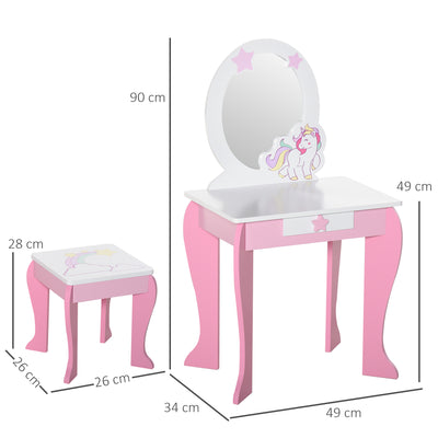 HOMCOM Kids Dressing Table with Mirror, Stool, Pink 