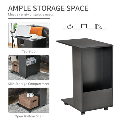 HOMCOM Mobile Sofa Side Table C-Shape End Table with Storage and Casters for Laptop Coffee Snack, Black 