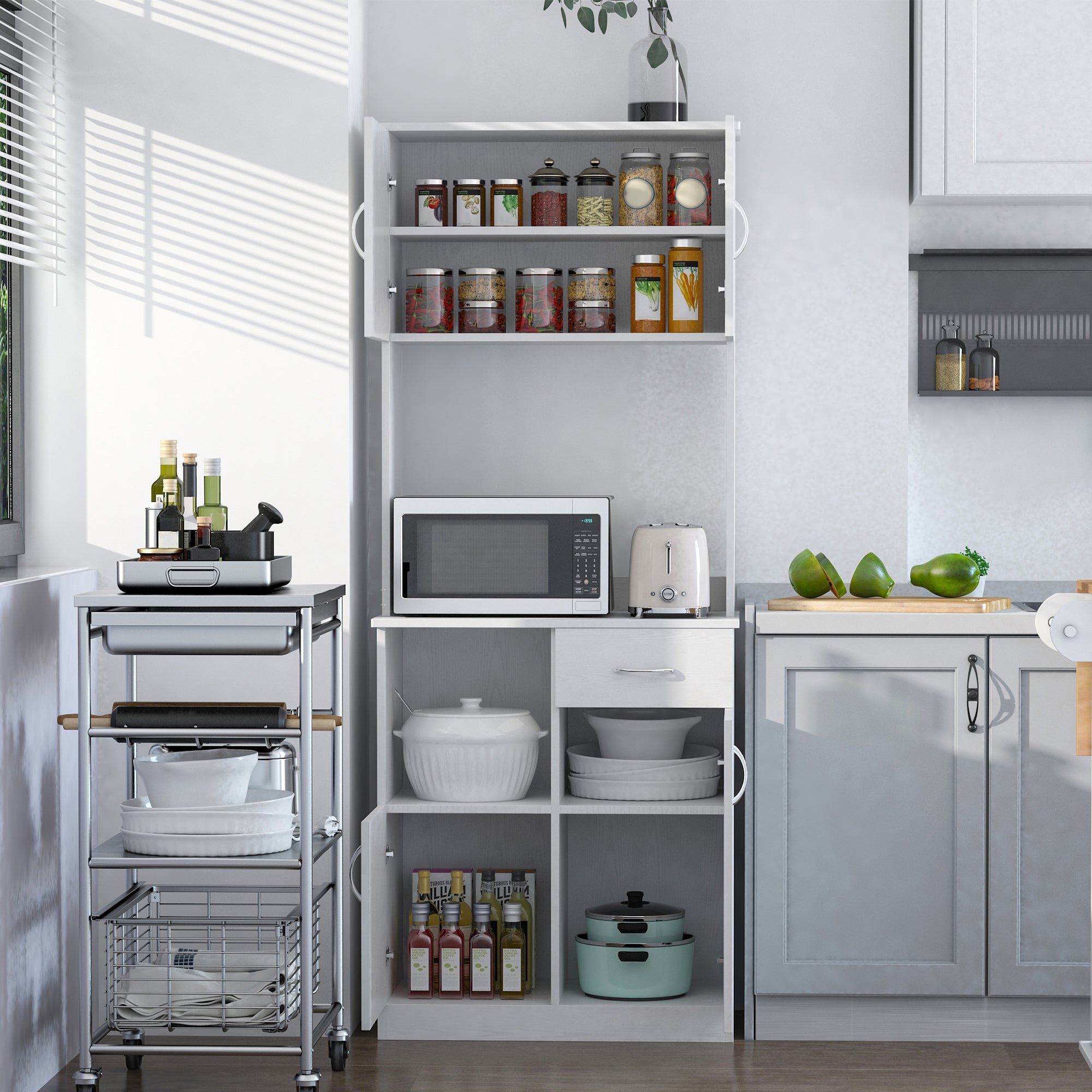 HOMCOM Tall Kitchen Cupboard, Kitchen Cabinet with Doors, Shelves, Drawer and Open Countertop, Storage Cabinet for Living Room, Dining Room, White 