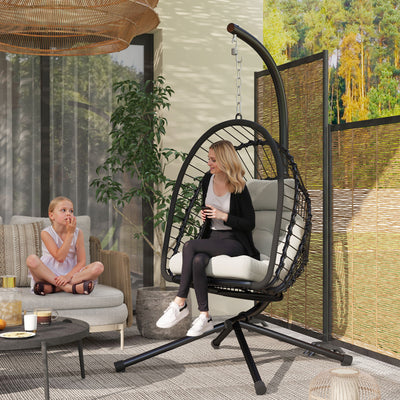 Outsunny Outdoor PE Rattan Swing Chair with Cushion, Garden Foldable Basket Patio Hanging Egg Chair with Metal Stand, Headrest, for Indoor and Outdoor, Black 