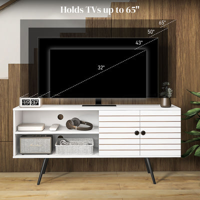 HOMCOM TV Stand with Cupboard, Open Shelves, Striped Doors, Wooden legs, White 