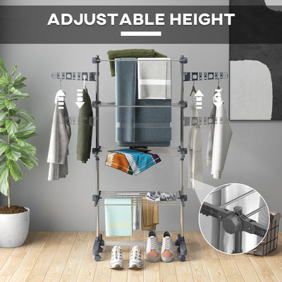 HOMCOM Four-Shelf Collapsing Clothes Horse, With Side Arms and Wheels - Grey 