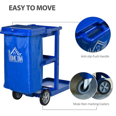 HOMCOM Janitor Cleaning Trolley, with Bin, Shelves and Hooks - Blue 