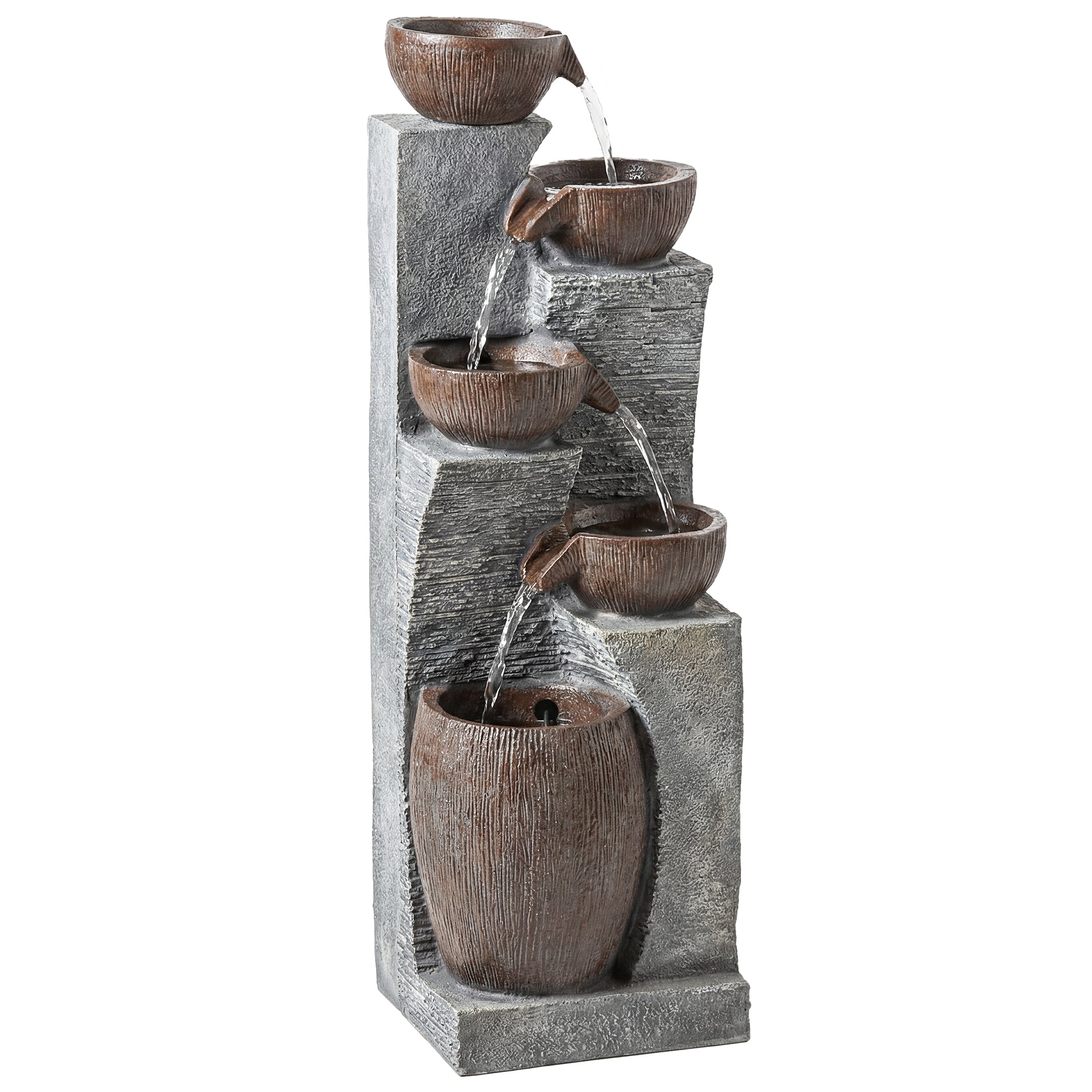 Outsunny Outdoor Fountain with 5-Tier, Garden Fountain with LED Lights, Adjustable Flow, Grey and Rustic Brown 