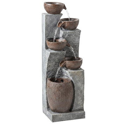 Outsunny Outdoor Fountain with 5-Tier, Garden Fountain with LED Lights, Adjustable Flow, Grey and Rustic Brown 