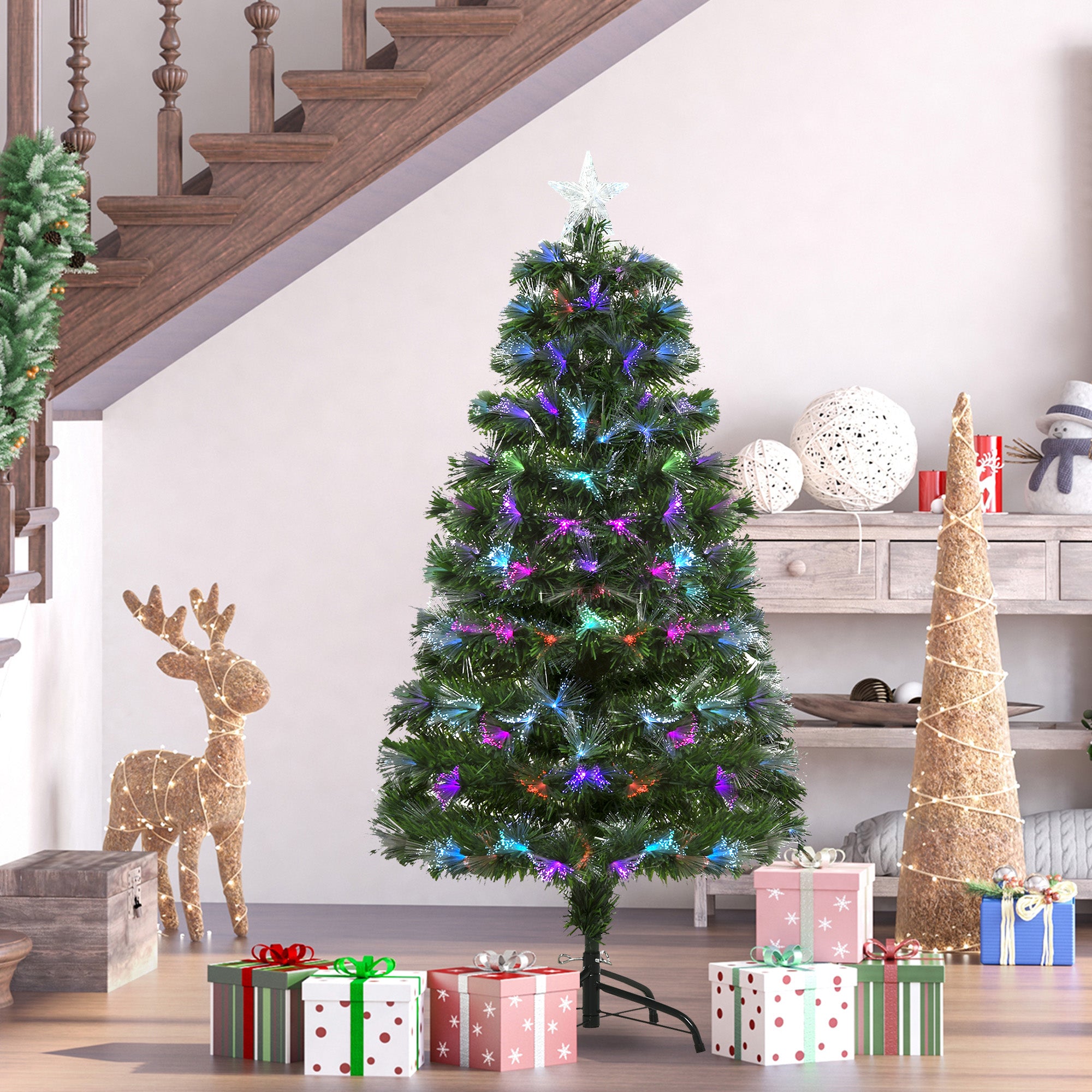 HOMCOM 4FT Multicoloured Artificial Christmas Tree w/ Fibre Optic Lights Pre-Lit Modes Metal Stand Star Holder Home Seasonal Decoration 