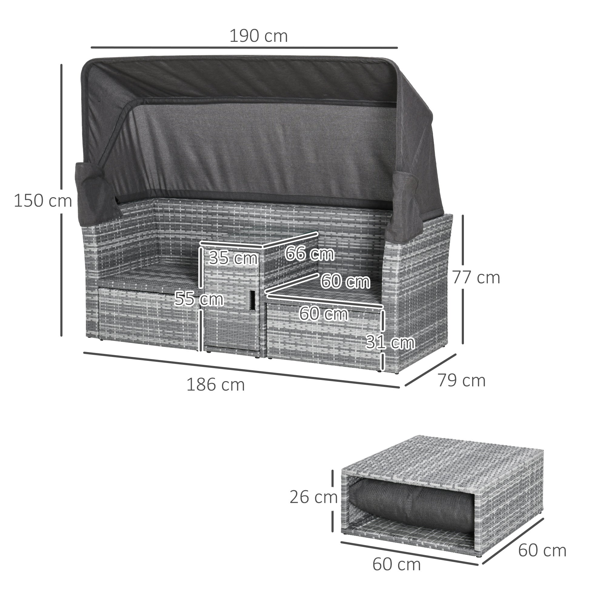 Outsunny 2-Seater Outdoor Rattan Daybed Sofa Footstool Coffee Table Set w/ Canopy, Cushion 