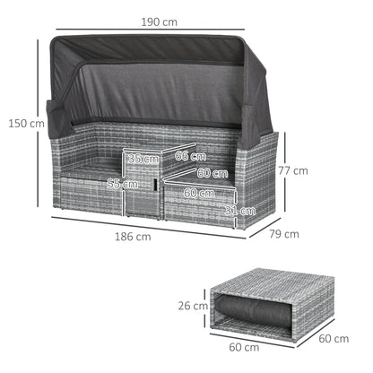 Outsunny 2-Seater Outdoor Rattan Daybed Sofa Footstool Coffee Table Set w/ Canopy, Cushion 