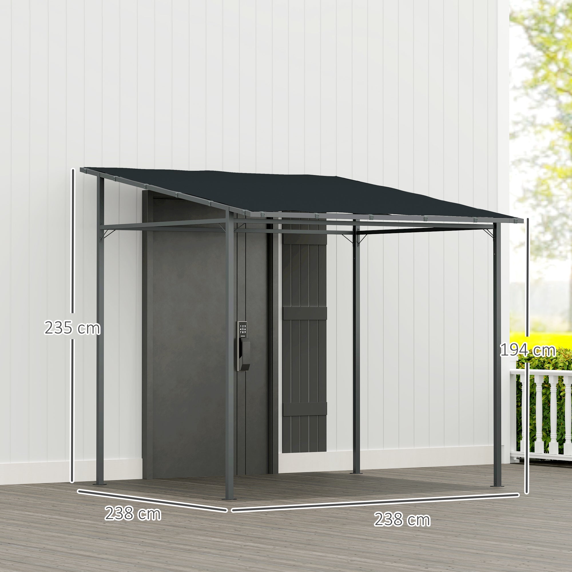 Outsunny 2.4 x 2.4 m Wall Mounted Pergola Gazebo with PA Coating Fabric and Metal Frame, UPF30+, Lean to Garden Gazebo, Wind Resistant Outdoor Sun Shade Shelter for Garden, Deck, Dark Grey 