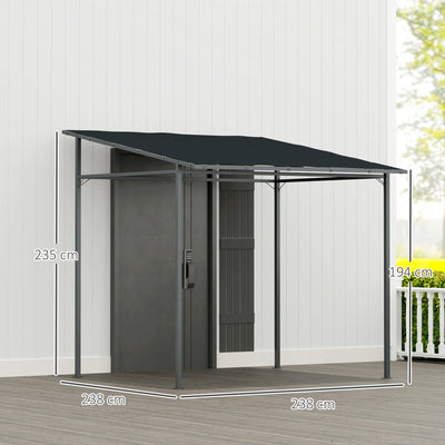 Outsunny 2.4 x 2.4 m Wall Mounted Pergola Gazebo with PA Coating Fabric and Metal Frame, UPF30+, Lean to Garden Gazebo, Wind Resistant Outdoor Sun Shade Shelter for Garden, Deck, Dark Grey 