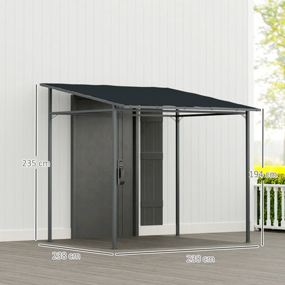 Outsunny 2.4 x 2.4 m Wall Mounted Pergola Gazebo with PA Coating Fabric and Metal Frame, UPF30+, Lean to Garden Gazebo, Wind Resistant Outdoor Sun Shade Shelter for Garden, Deck, Dark Grey 