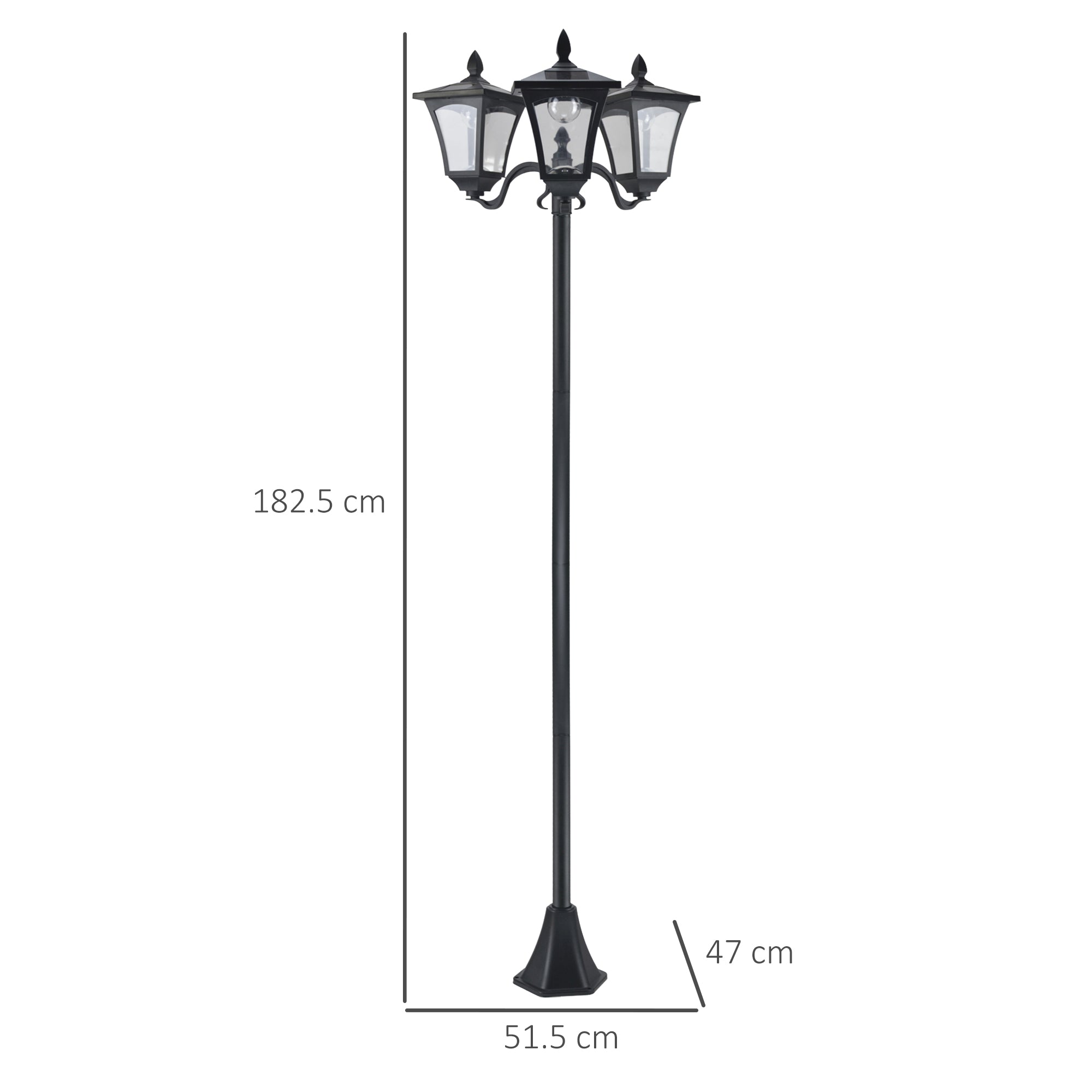 Outsunny 1.8m Traditional Victorian Style 3 Way Head Outdoor Garden Solar Post Lamp Sensor Dimmable LED Lantern Bollard Pathway IP44 – Black 
