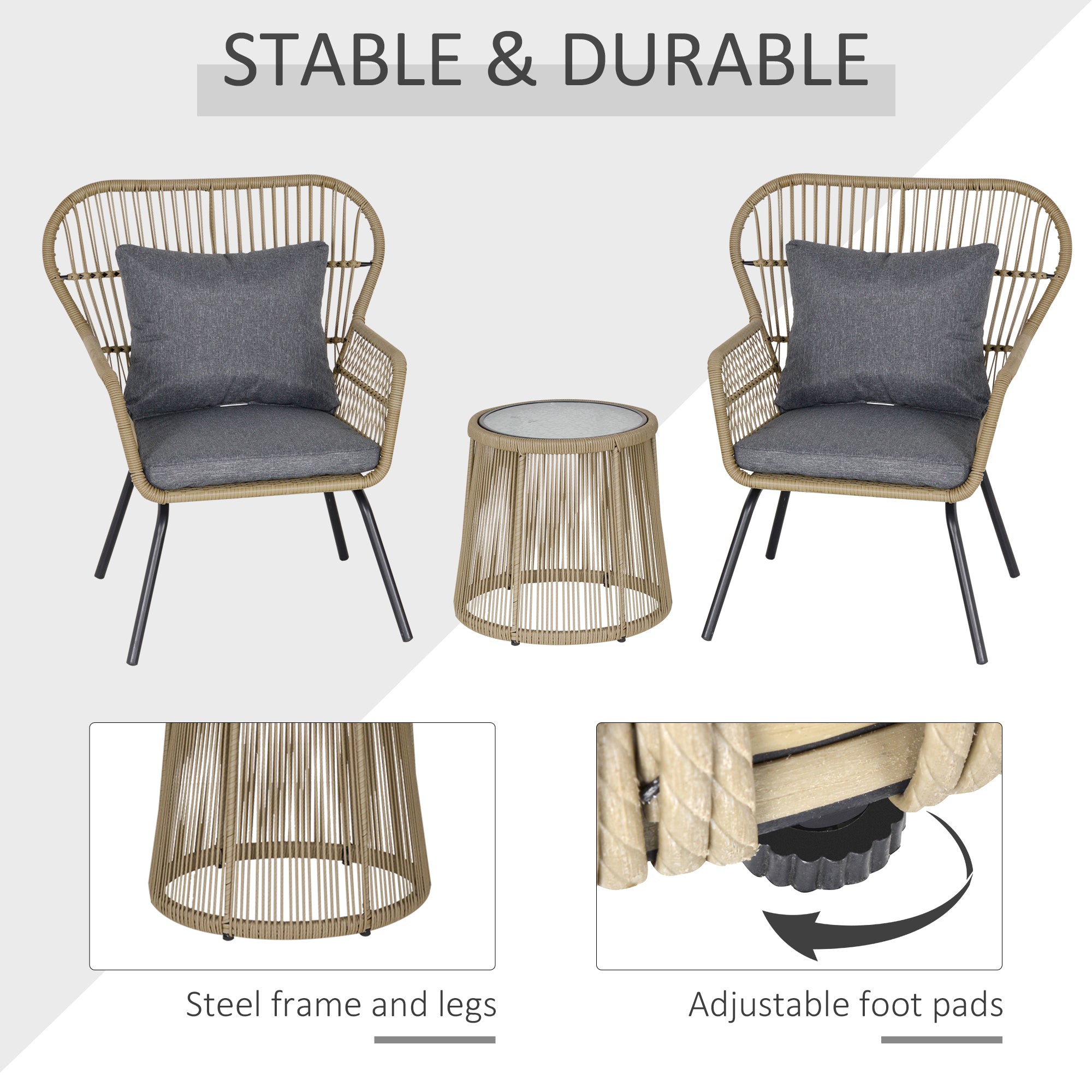Outsunny 3 Pieces Rattan Bistro Set, Wicker Garden Furniture Set with Cushions, Glass Top Coffee Table and Chairs for Outdoor, Patio, Balcony, Brown 