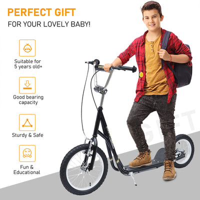 HOMCOM Kids Scooter, Teen Kick Scooter with Rubber Wheels, 16" Front Wheel, Height Adjustable Handlebar, Dual Brakes, Kick Stand, for 5+ Years, Black 