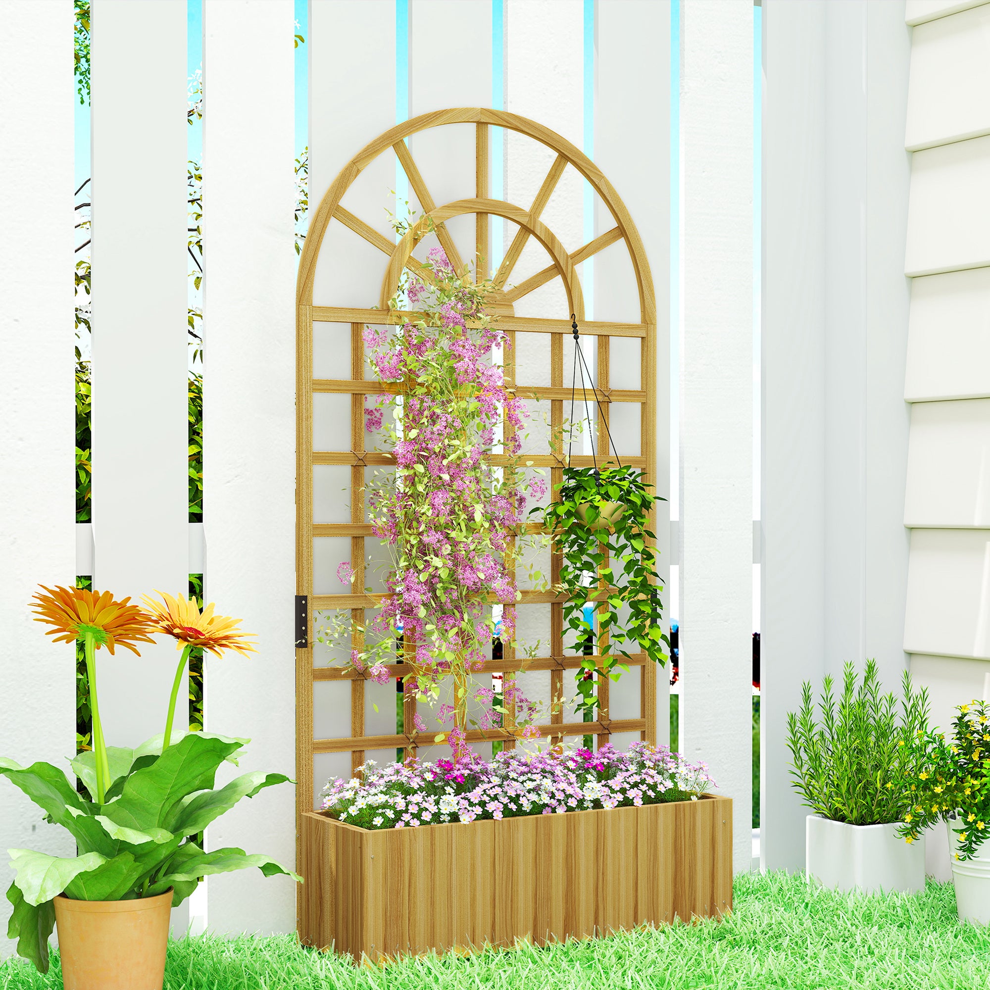 Outsunny Wooden Raised Planter with Trellis, Raised Bed for Garden with Lattice and Drainage Holes for Climbing Plants 