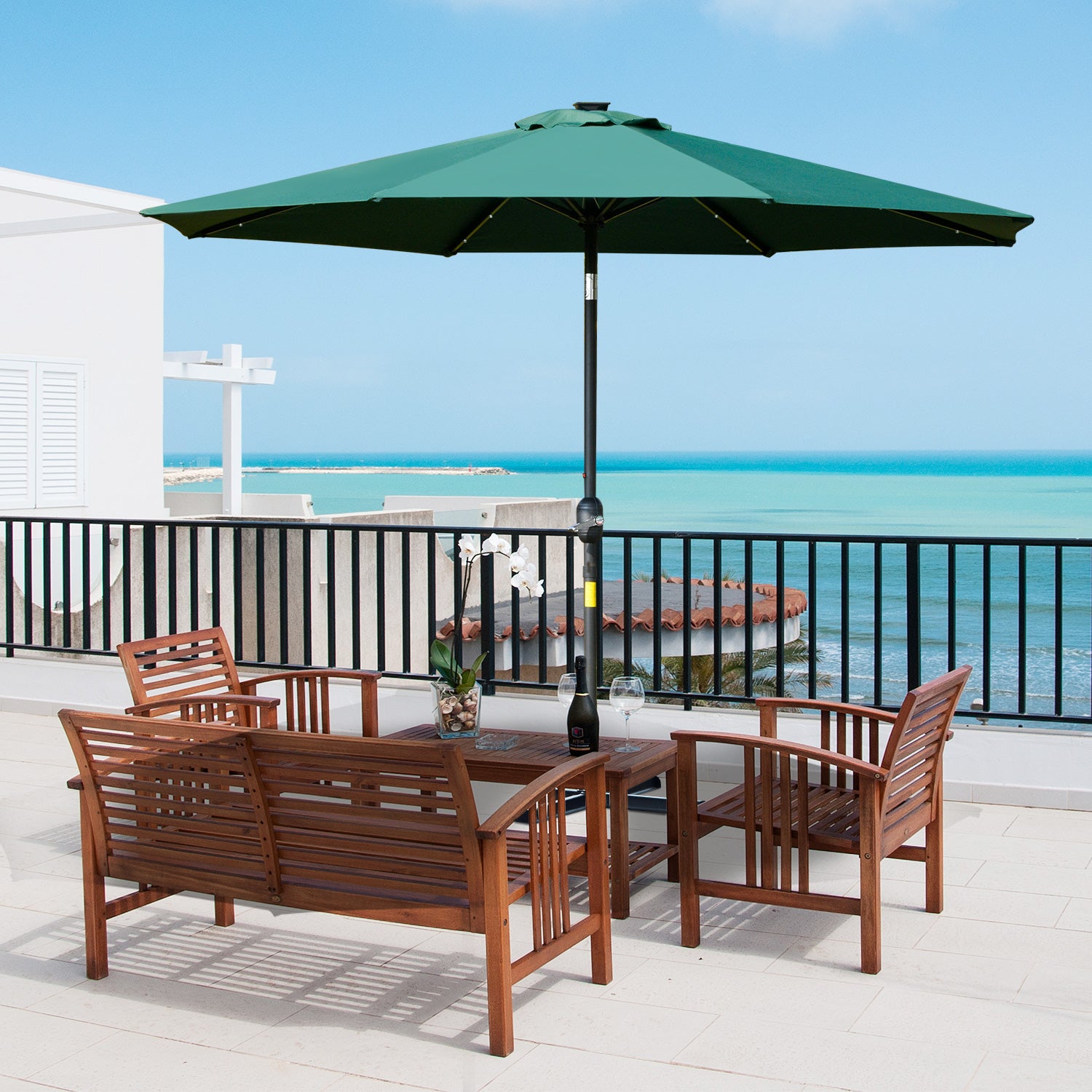 Outsunny 2.7m Patio Garden Umbrella Outdoor Parasol with Tilt Crank and 24 LEDs Lights (Green) 