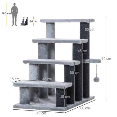 PawHut 4-step Pet Stairs with Scratching Posts, Platforms, Toy Ball, Grey 