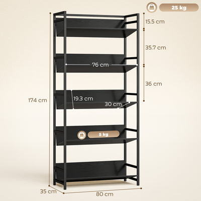 HOMCOM Bookshelf 5-Tier Metal Frame Bookcase Storage Shelves for Living Room Black 