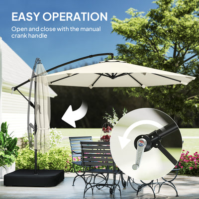 Outsunny 3 m Garden Cantilever Parasol with Cross Base, Sandbag, 360° Rotating Overhanging Banana Umbrella, Cream White 