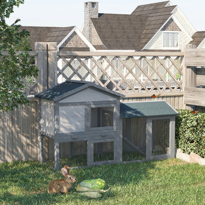 PawHut Wooden Rabbit Hutch Outdoor, Double Tier with Water-Resistant Roof, Ramp 147 x 54 x 84 cm, Grey 