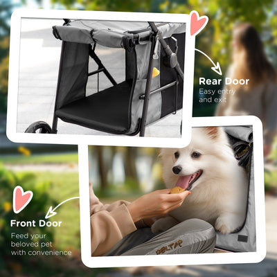 PawHut Dog Pram Dog Stroller 4 Wheels Pet Pushchair with Rolling Door, Cushion, Safety Leashes, for Small and Medium Dogs, Grey 