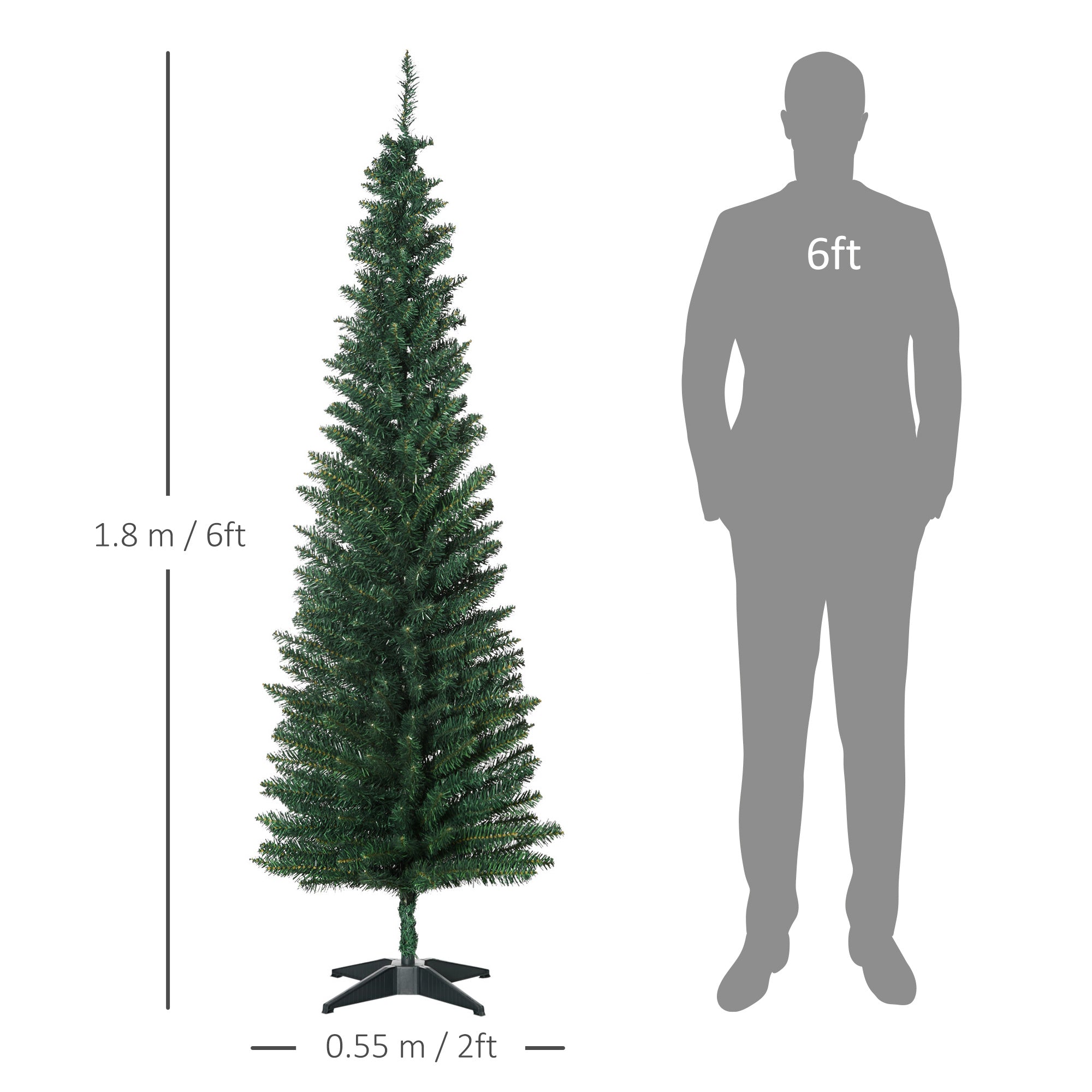 HOMCOM 6ft Unlit Artificial Christmas Tree, Pencil Slim Xmas Tree with Solid Stand and Realistic Branches, Green 