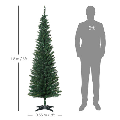 HOMCOM 6ft Unlit Artificial Christmas Tree, Pencil Slim Xmas Tree with Solid Stand and Realistic Branches, Green 