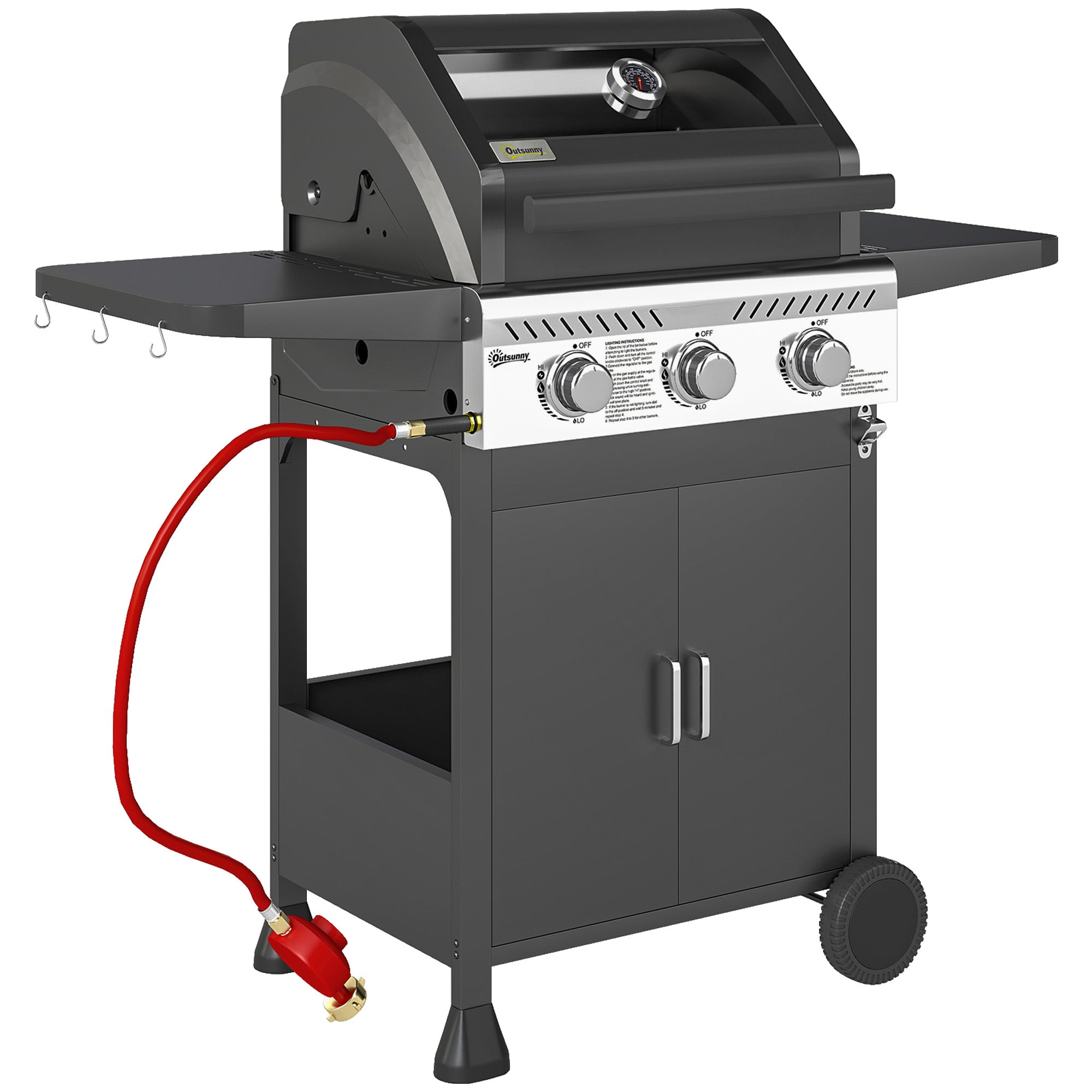 Outsunny 7.5kW Three-Burner Gas BBQ Grill, with See-Through Lid - Black 