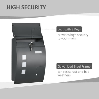HOMCOM Wall Mounted Letter Box, Weatherproof Post Box for Outside Wall, Modern Mailbox with 2 Keys and Nameplate, Anthracite Grey 