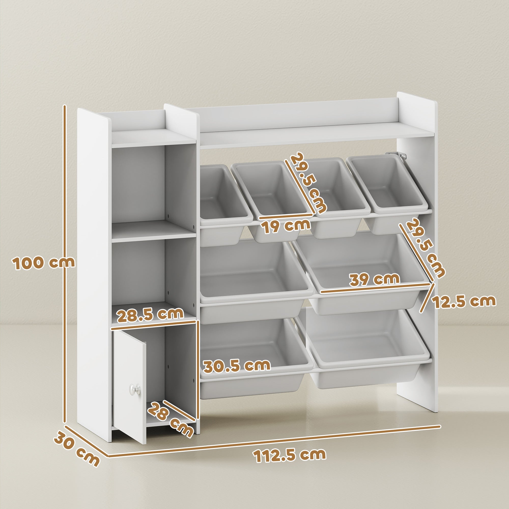 AIYAPLAY Toy Storage Unit with 8 Removable Bins, Storage Shelves, Cabinet, White 
