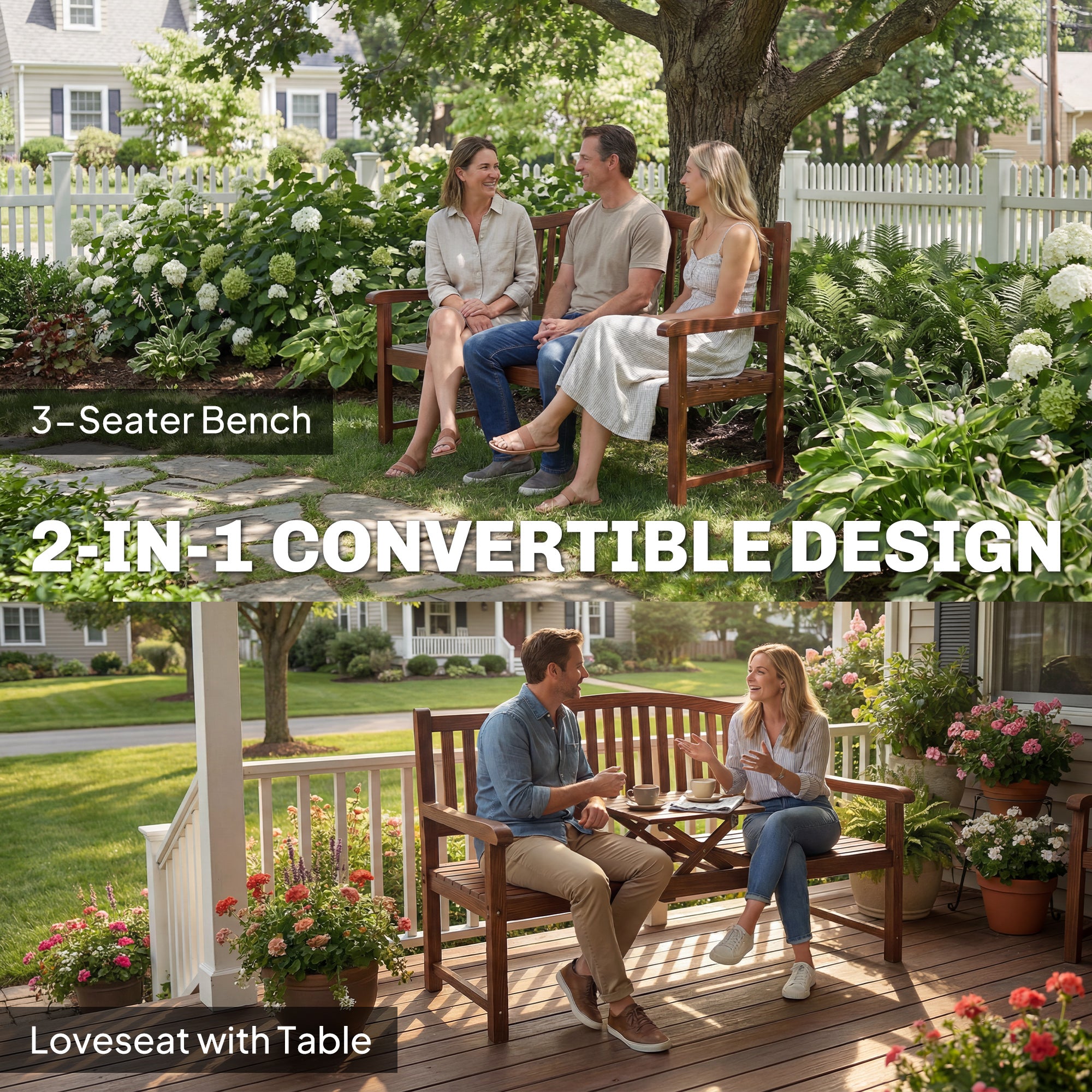 Outsunny Garden Loveseat Bench, 2-3 Seater Outdoor Bench with Liftable Table and Waterproof Cover, Light Brown 