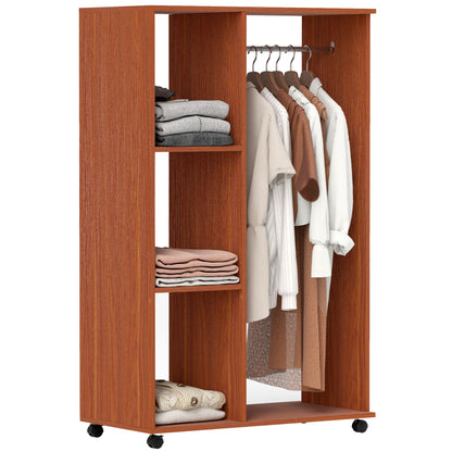 HOMCOM Open Wardrobe on Wheels, Bedroom Wardrobe with Clothes Hanging Rail, 3 Storage Shelves, Mobile Garment Rack for Cloakroom, Hallway, Walnut 