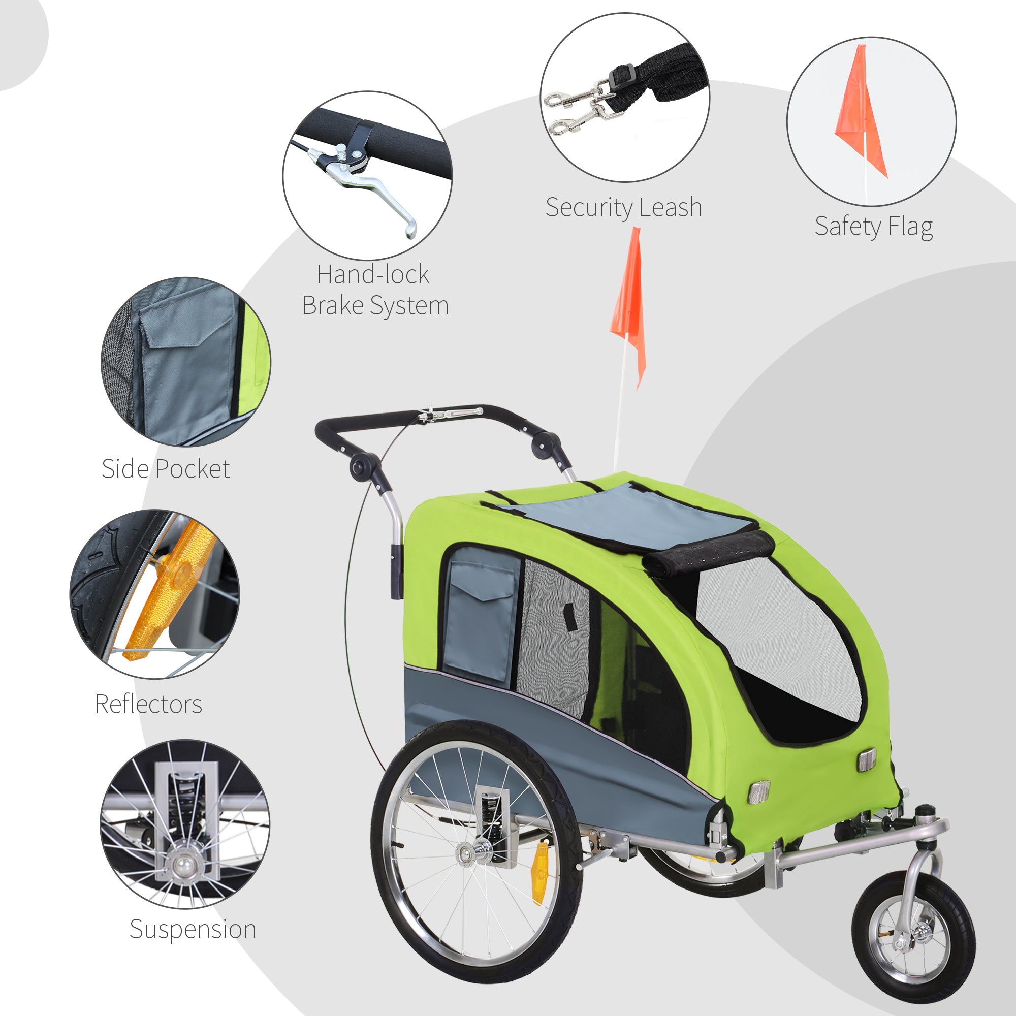 PawHut Dog Bike Trailer Pet Stroller Cart Carrier for Bicycle 360° Rotatable with Reflectors 3 Wheels Hitch Coupler Push/ Pull/ Brake Water Resistant Green 