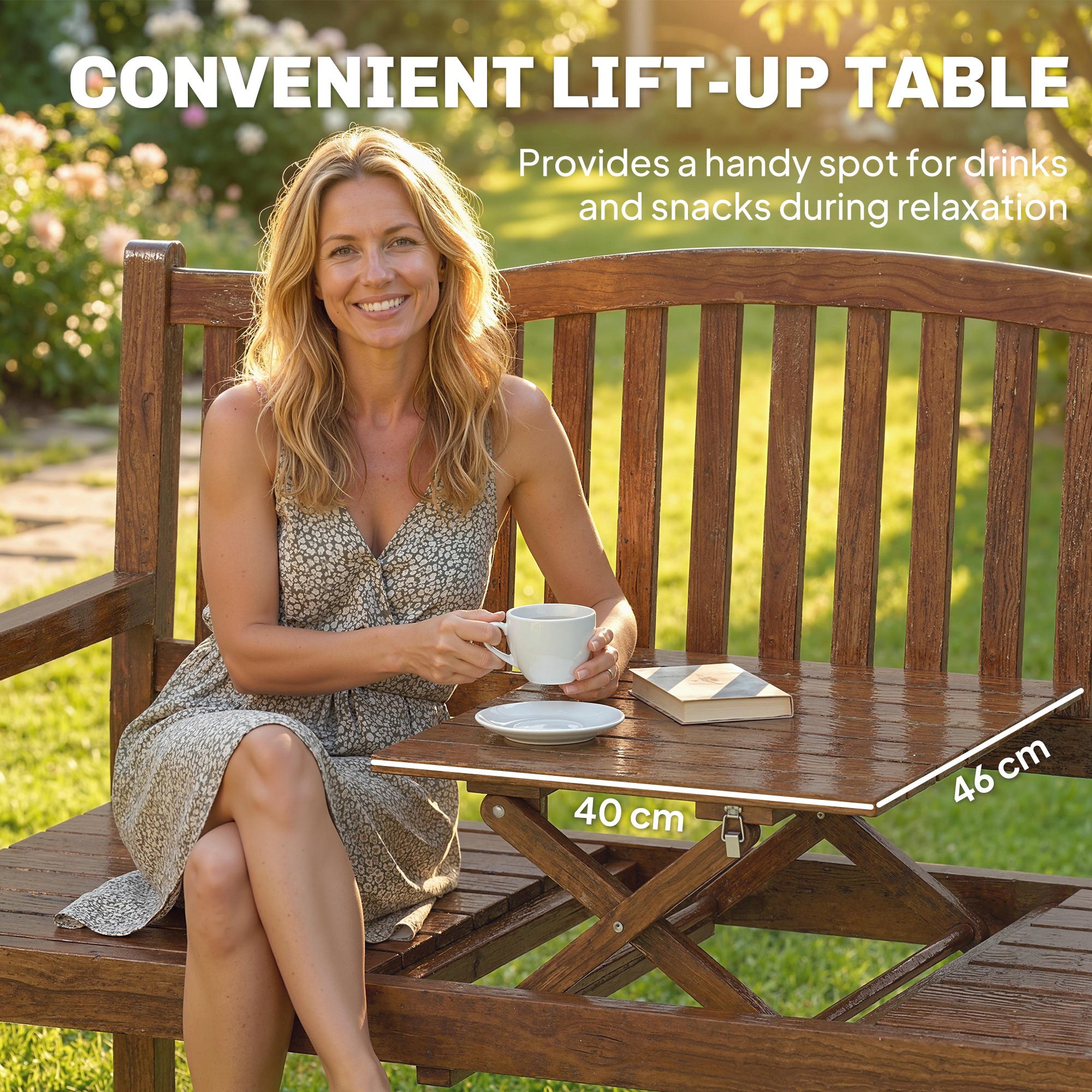Outsunny Garden Loveseat Bench, 2-3 Seater Outdoor Bench with Liftable Table and Waterproof Cover, Light Brown 