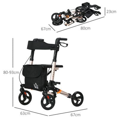 HOMCOM 4 Wheel Rollator with Seat and Back, Folding Mobility Walker with Carry Bag, Adjustable Height, Dual Brakes, Cane Holder, Lightweight Aluminium Walking Frame for Seniors and Disabled, Gold Tone 