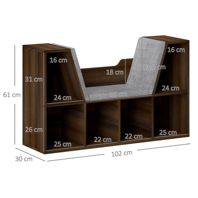 HOMCOM Bookcase Storage Shelf with Cushioned Reading Seat, Cube Bookshelf Organizer for Bedroom Living Room, Chestnut 