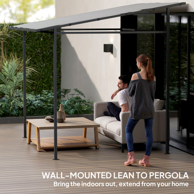 Outsunny 2.4 x 2.4 m Wall Mounted Pergola Gazebo with PA Coating Fabric, Metal Frame, UPF30+, Lean to Garden Gazebo, Light Grey 