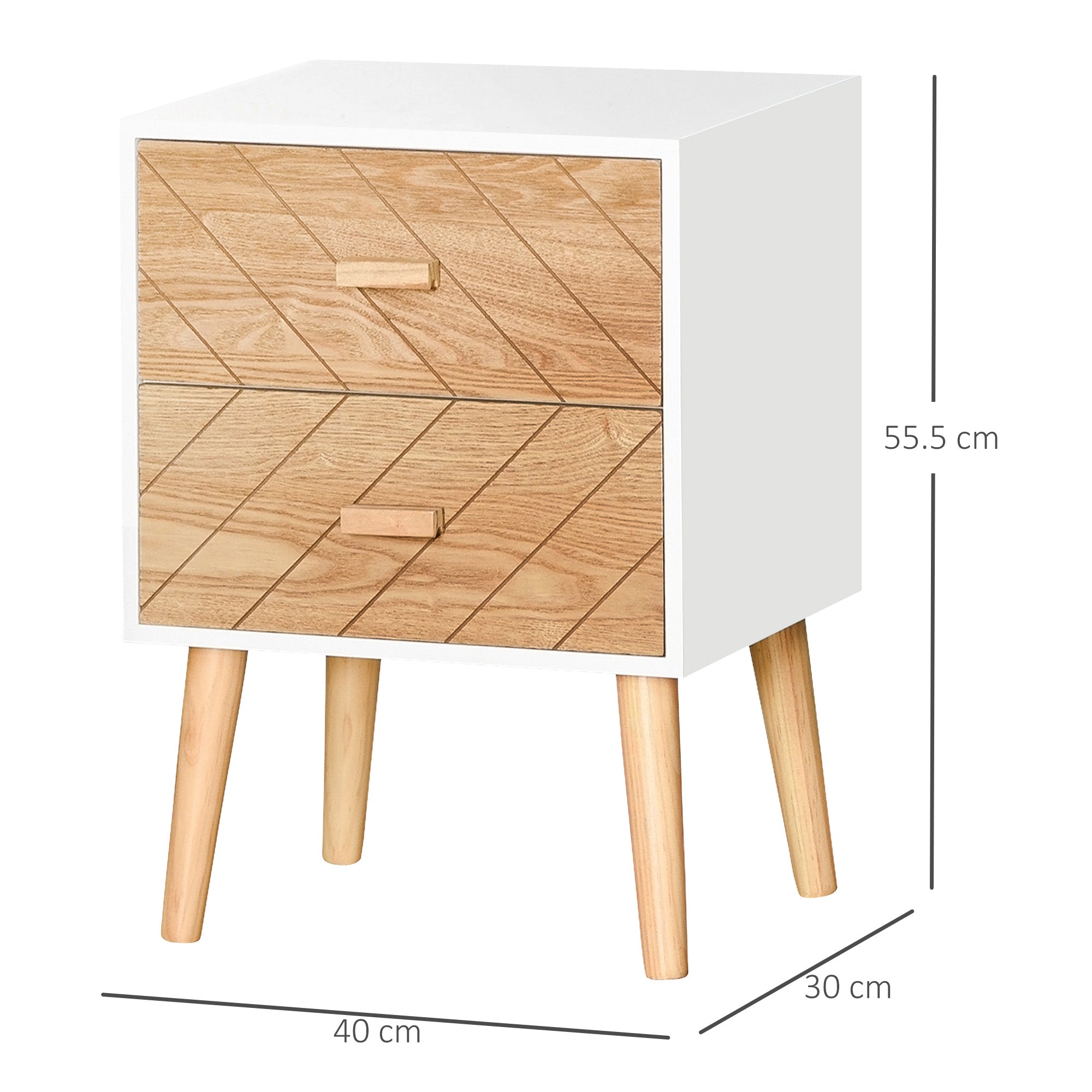 HOMCOM Bedside Table Set of 2, Modern Bedside Cabinets with Drawer and Pine Wood Legs, Nightstand for Bedroom, White and Natural